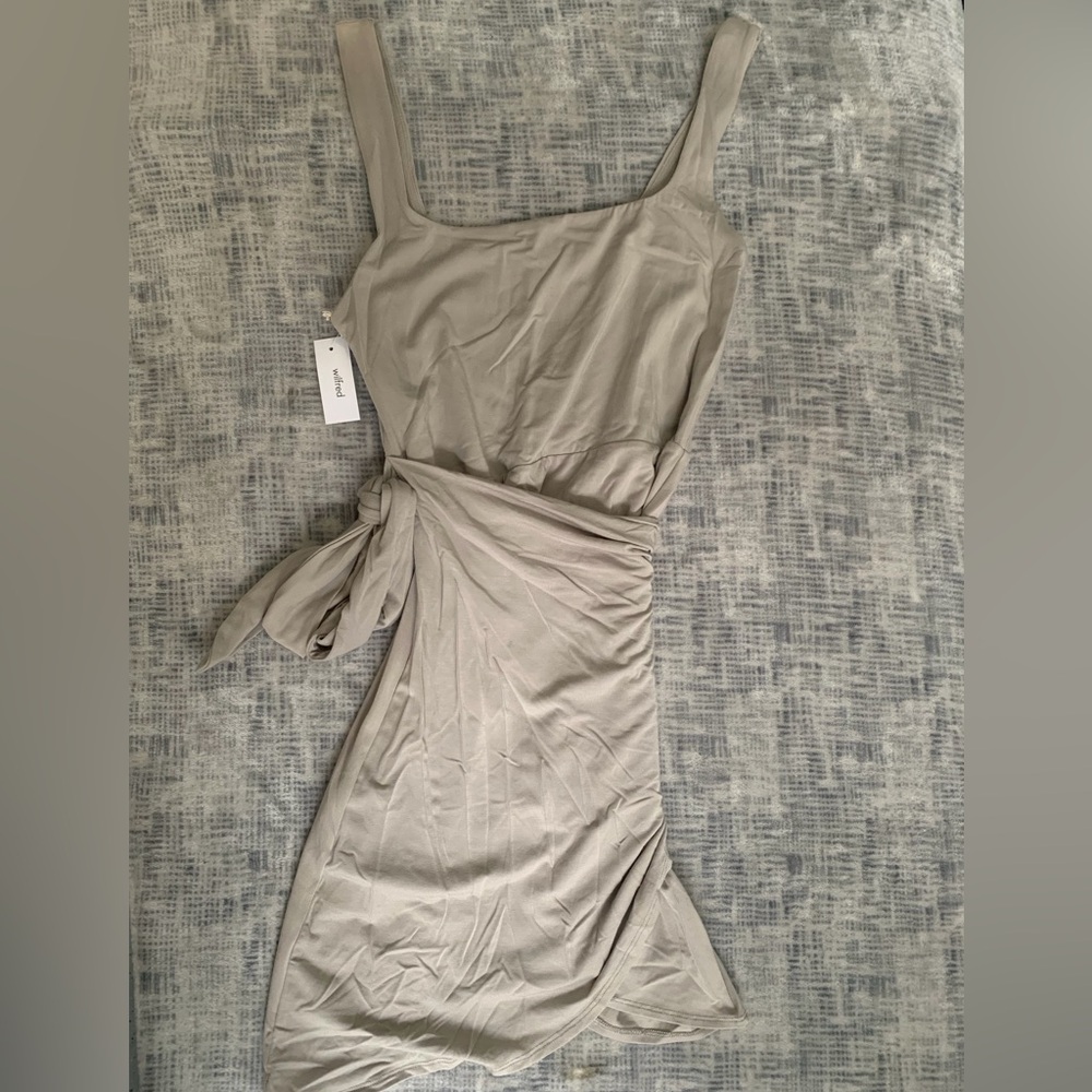 Aritzia Asymmetrical Wrap Dress in Light Taupe
